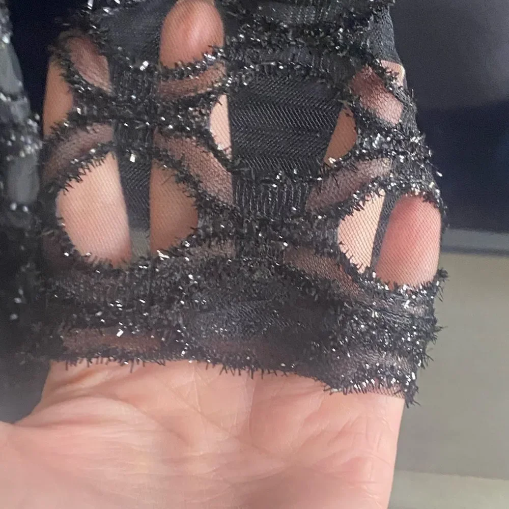 New CBR Black Fitted Festive Party Dress. Sparkly Flocked Fabric Over Lace. M